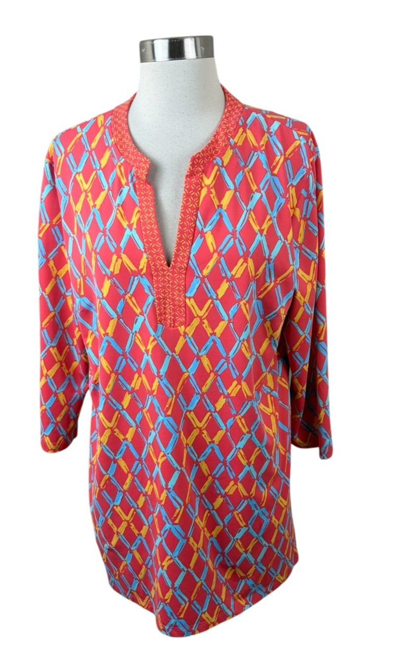 J McLaughlin Coral Blue Geometric Catalina Cloth Tunic Top Size XL